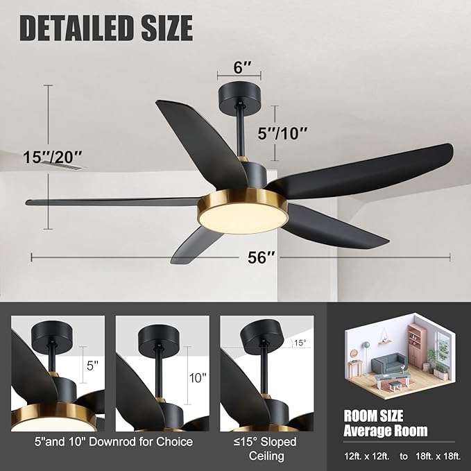 Modern Ceiling Fan with Light and Remote Control,56''Ceiling Fan with 3 Color Lights,Memory Function,5 Blades,6 Speeds,Outdoor Fan and Light for Living Room,Bedroom,Kitchen,Brass Gold