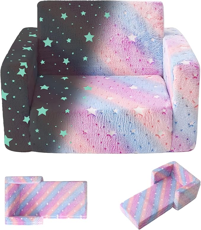 Kids Sofa, Glow in The Dark Toddler Chairs Children's 2 in 1 Convertible Sofa to Lounger - Extra Soft Flip Open Chair & Sleeper, Toddler Couch Chair, Sofa Bed for Boys Girls