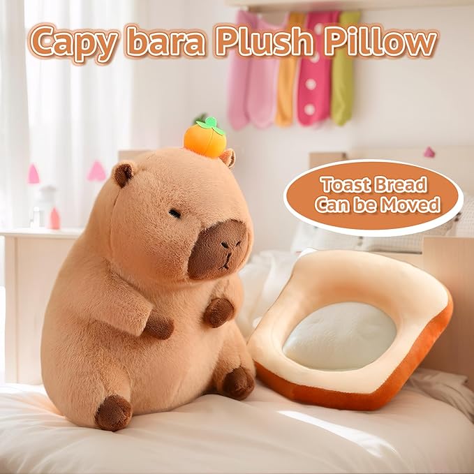Cute Capybara Plush Pillow with Bread Kawaii Soft Orange Capybara Stuffed Aniamls Capybara Plush Toys Hugging Gifts Kids Girls Boys 12 inch