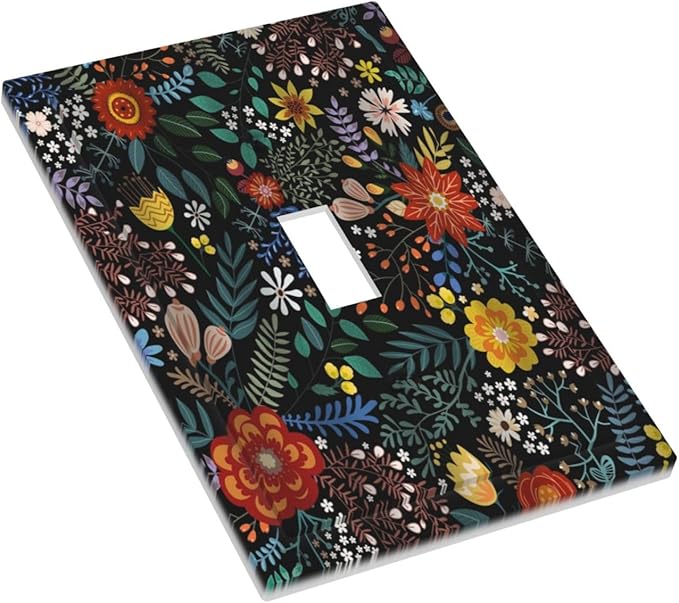 Vintage Colorful Flower Boho Floral Rustic Dark Leaves 1 Gang Light Switch Covers Single Toggle Wall Plate Decorative Switchcover Electrical Switchplate for Farmhouse Country Bedroom Decor