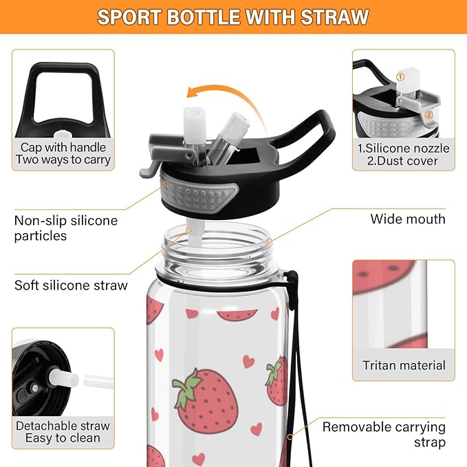 Strawberry Water Bottle with Straw Cartoon Heart Sports Bottles BPA-Free Tritan Water Jug with Carrying Strap for Gym Office Outdoor Sports