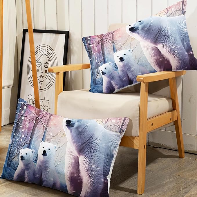 AILONEN Polar Bear Fitted Sheet Set Full Size, Arctic Animals Bedding Winter Snow Bear Kawaii Kids Bed Sheet with 2 Pillowcases,3 Pieces Full Fitted Sheet Set for Girls Boys