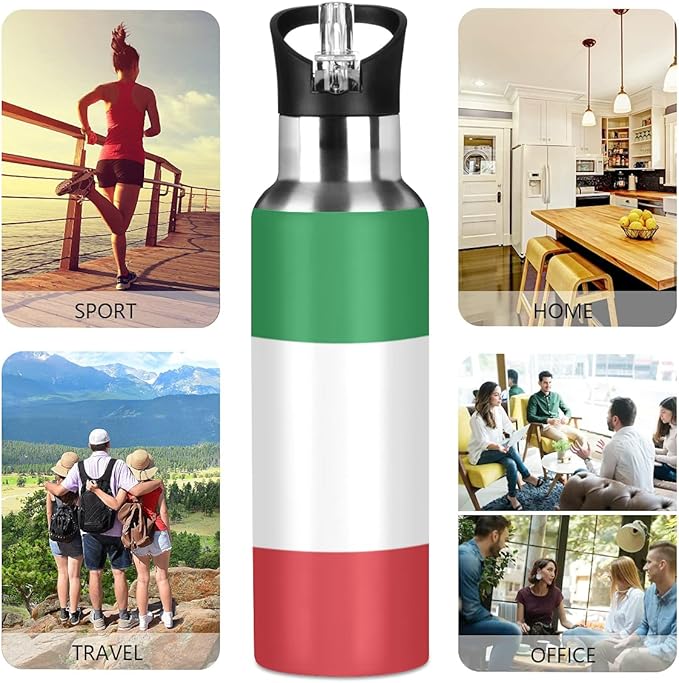 Italian Flag Sports Water Bottle, Double Wall Vacuum Insulated Stainless Steel Water Bottle with Straw Keeps Hot and Cold, Bike Running Sports Travel Gym 20oz