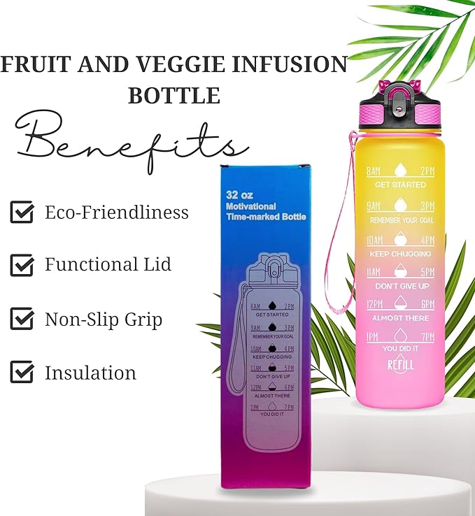 Leakproof Water Bottle with Straw & Lid - 32oz Motivational BPA Free Water Bottle with Time Markings & Straw Lid for Sports & Outdoors - Ensure Hydration with Leakproof Bottle and Straw