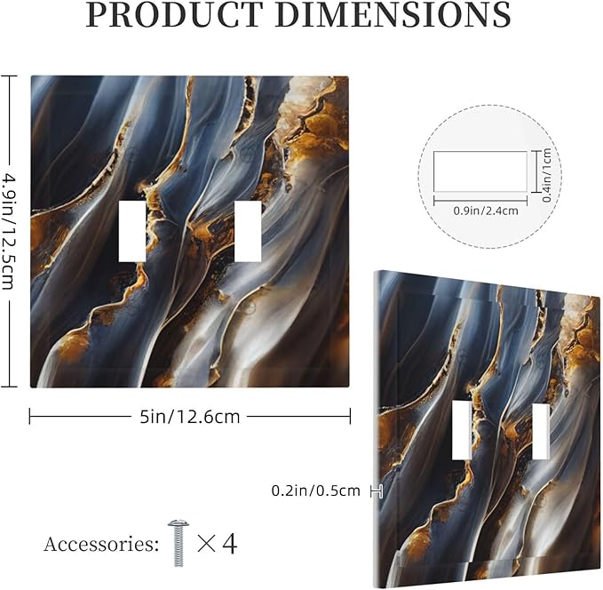 Gradient Abstract Ripple Blue Gold Marble Printed Double Toggle Light Switch Covers 2 Gang Wall Plate Dual Decorative Switchplate Electrical Faceplate for Kitchen Bathroom Bedroom Decor