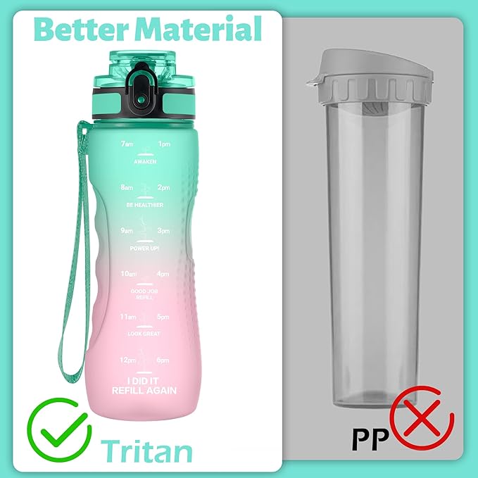 OLDLEY 25 oz Water Bottle, Motivational Water Bottle with Time Marker, Sports Water Bottle With Strap, Leakproof & BPA Free Large Water Bottles for School, Gym, Travel, Outdoor, Tritan,Green&Pink