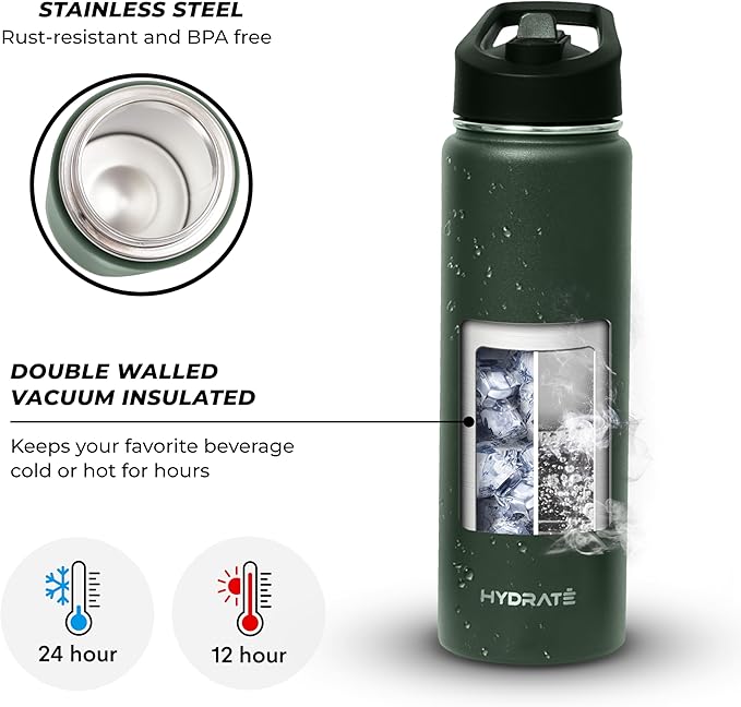 HYDRATE Insulated Stainless Steel Water Bottle - Large Reusable Flask with Leak-Proof Design and Convenient Handle - Double Vacuum Insulation for School, Work, or Adventure