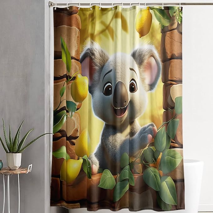 AILONEN Cartoon Koala Shower Curtain for Kids,Kawaii Lemon Koala Shower Curtain for Bathroom,Lovely Animals Shower Curtain Set with Hooks,72" W*96" H