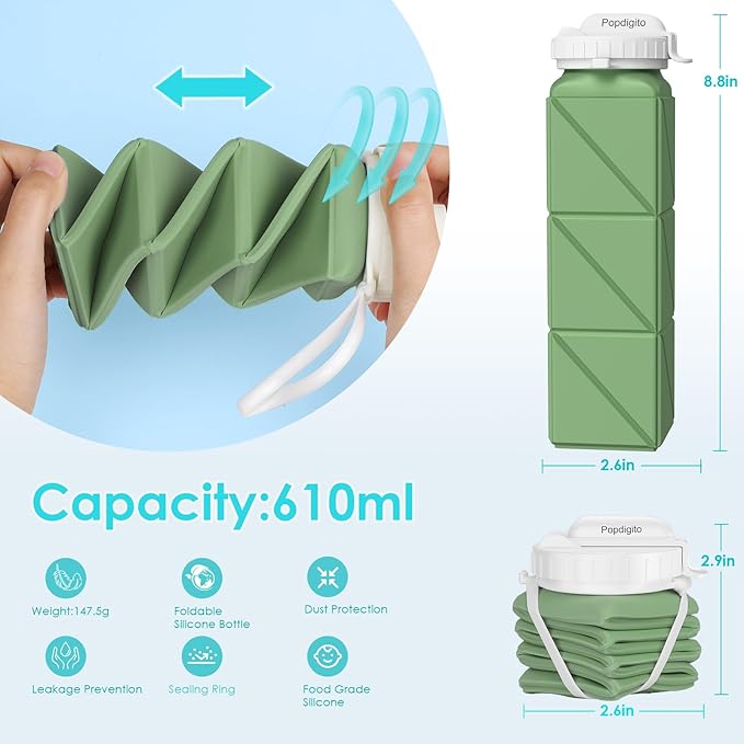 Collapsible Water Bottles 20.7oz Leakproof with Straw Lid Food-Grade BPA-Free Silicone Travel Foldable Water Bottles for Sports Office Gym Hiking Driving 610ML (Type2 Army Green)