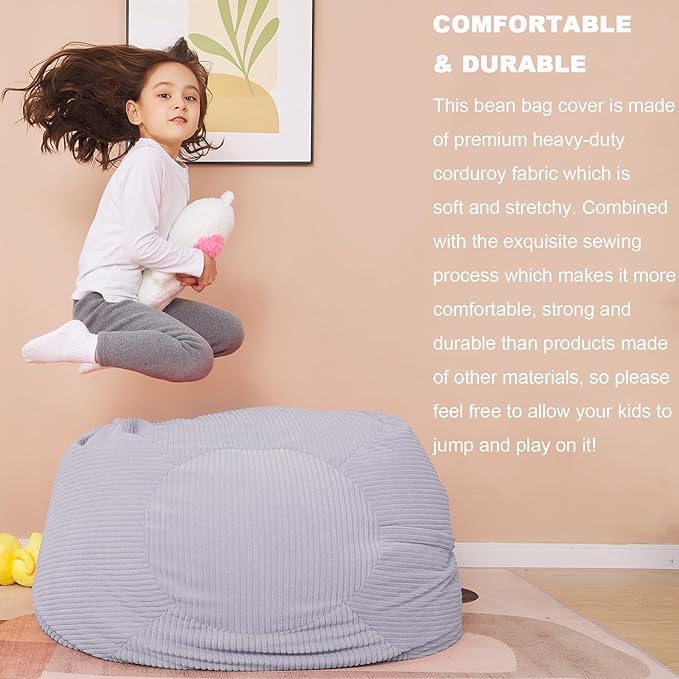 Stuffed Animal Storage Bean Bag Chair Cover for Kids, 38" Beanbag Chairs Cover Plush Toys Organizer Super Soft Corduroy with Handle and Zipper for Boys and Girls - Grey