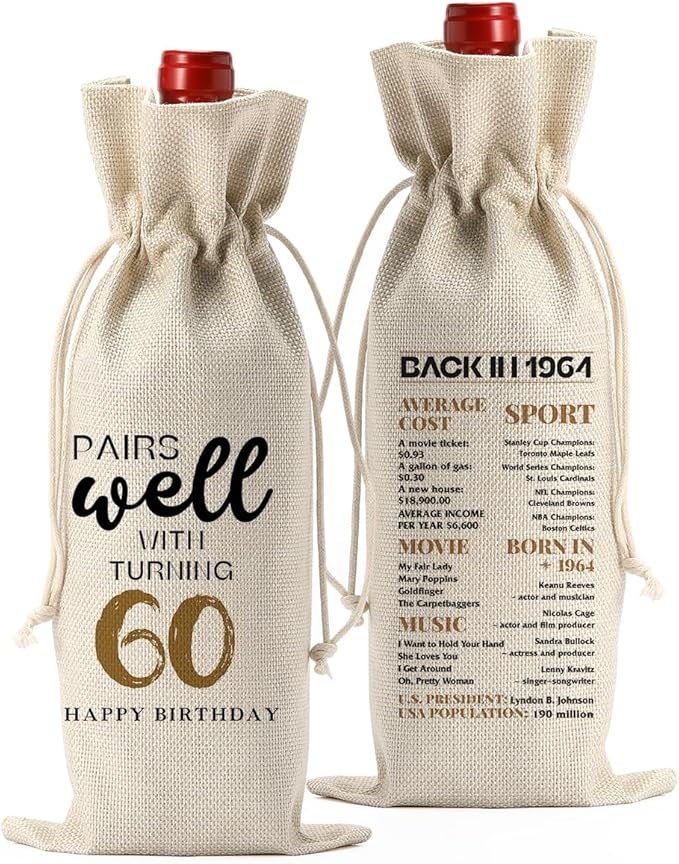 60th Birthday Gifts for Women Men, Cool Gifts for 60 Year Old Woman Grandparents Wine Gift Bag, Wine Accessories Gifts Anniversary 60th Birthday Decorations Wine Bag Wine Bags for Wine Bottles Gifts
