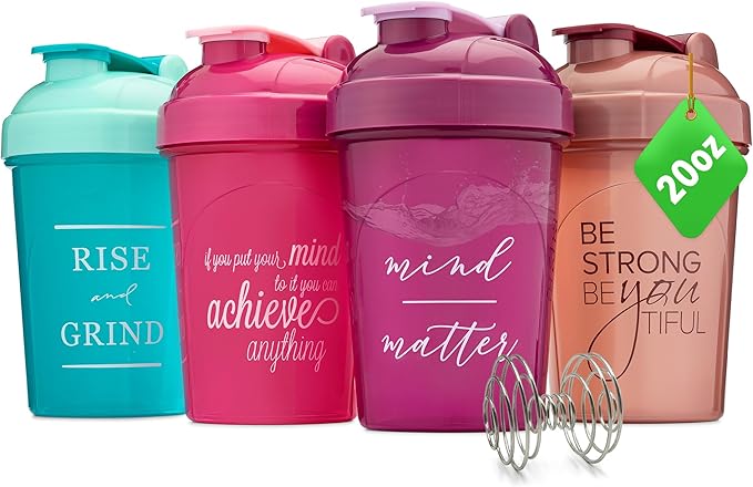 GOMOYO [4 Pack] 20 Ounce Shaker Bottle with Motivational Quotes | Protein Bottle with Mixer Agitators | Blender Shaker Bottle for Protein Mixes Pack | BPA Free and Dishwasher Safe