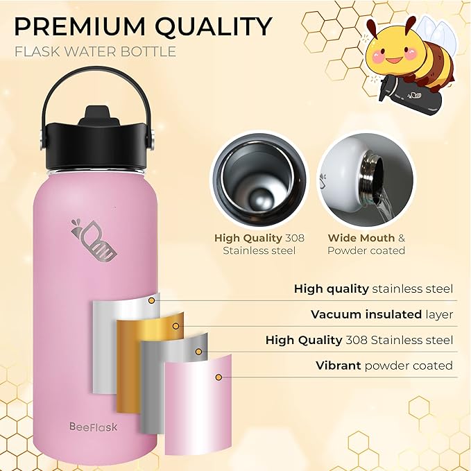 Sports Water Bottle - 32 Oz, 3 Lids (With straw), 50 Cute Stickers, Vacuum Insulated, 308 Stainless Steel, with a Portion of Sales Supporting Bee Conservation Efforts (Baby Pink)