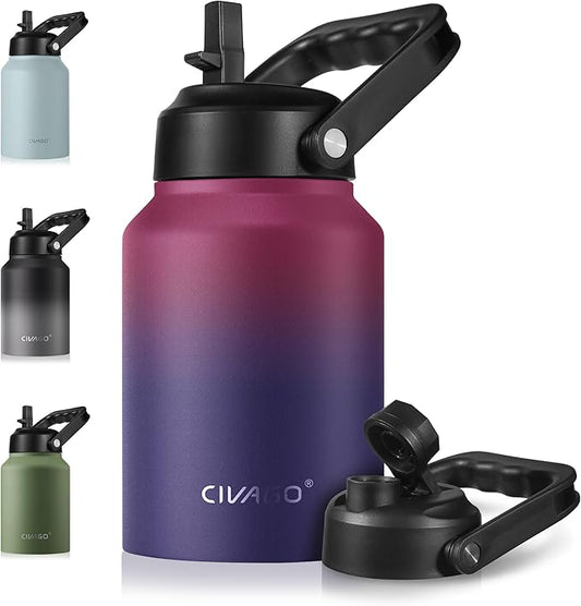 CIVAGO Half Gallon Insulated Water Bottle Jug with Straw, 64 oz Large Stainless Steel Sports Metal Water Flask with Handle, Big Thermal Water Cup Mug with 2 Lids for Camping & Fishing, Dark Rainbow