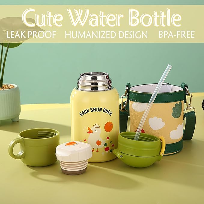 Cute Water Bottle for Girls, Kawaii Kids Water Bottles with Straw Drinking Bottle, Portable Leakproof 15 oz Water Jug for School Camping (YELLOW)