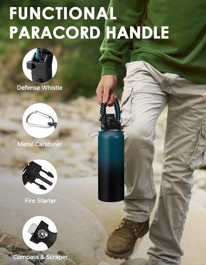 Insulated Water Bottle 40oz - with Straw & Auto Spout Lid, Paracord Handle, Shoulder Carrier Bag,40 oz Hydro Jug Great for Sport Travel Gym Hiking Biking
