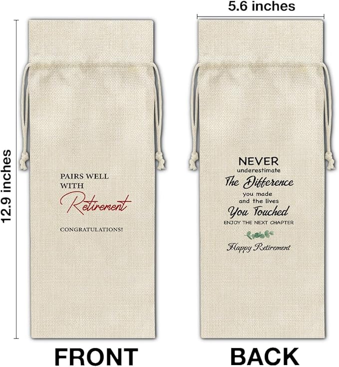 Retirement Wine Bag, Goodbye Gift for Coworkers, Retired Gift for Women Men, Going Away Gifts for Coworker Friends, Pairs Well with Retirement Wine Bag Happy Retirement Burlap Drawstring Wine Bag