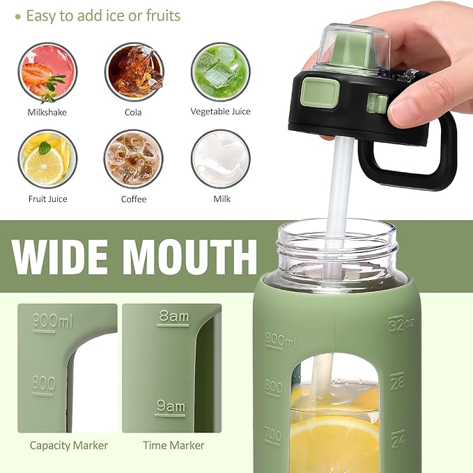 Kodrine Water Bottle with Soft Straw and Carry Loop, 32 oz Glass Water Bottle with Locking Lid, Clear Water Bottles Sports, Drinking Bottle for Travel Home Gym, Leakproof(Olive)