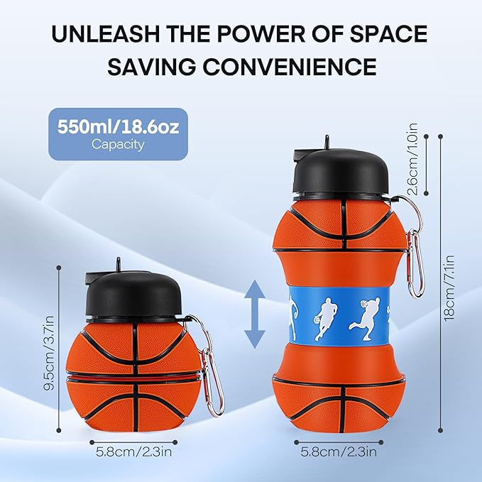Kids Sports Collapsible Water Bottle | Ball Shaped Drinking Cup | Foldable BPA Free Leakproof Lightweight Silicon Jug | School Lunch Mug Team Gift Travel (Basketball Orange 550ml/18.6oz)