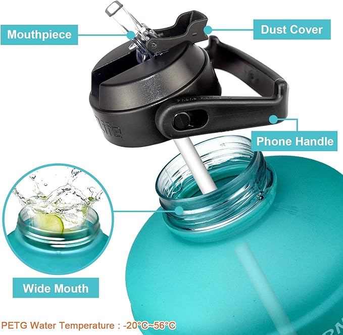 QuiFit Half Gallon Water Bottle - with Straw & Motivational Time Marker Leak-Proof BPA Free Reusable Gym Sports Outdoor Large(73OZ) Capacity Water Jug(Green/Black Gradient,Half Gallon)