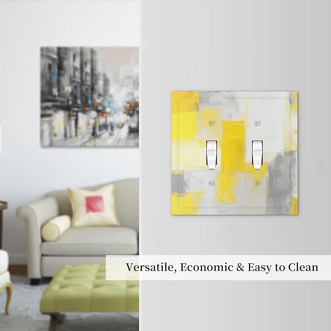 Grey and Yellow Abstract Art Painting Double Toggle Light Switch Covers 2 Gang Wall Plate Dual Decorative Switchplate Electrical Faceplate for Bathroom Country Kitchen Bedroom Decor, 4.9" x 5"
