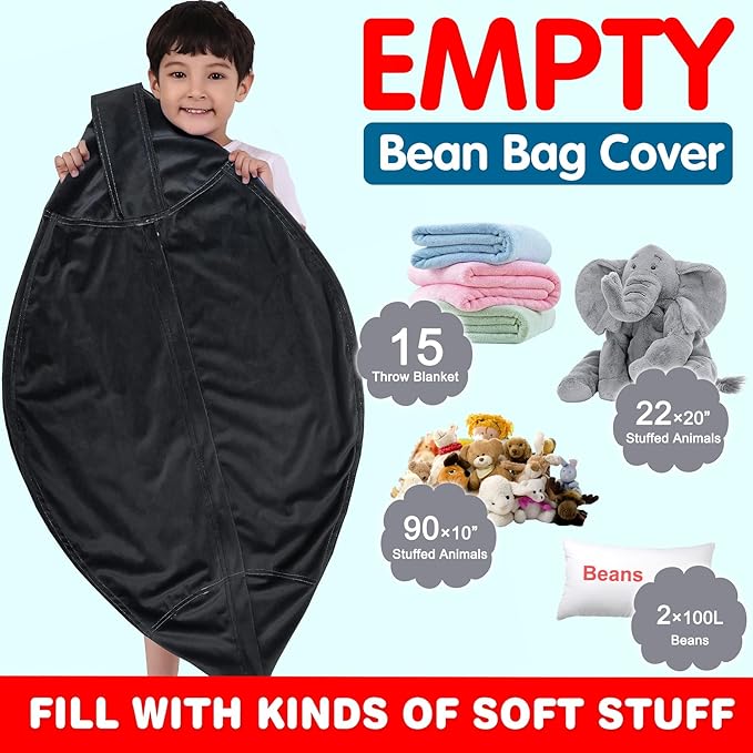 Lukeight Stuffed Animal Storage Bean Bag Chair Cover for Kids, Zipper Beanbag Chair Cover for Organizing Toddler and Kids' Rooms Plush Toys (Black, X-Large)