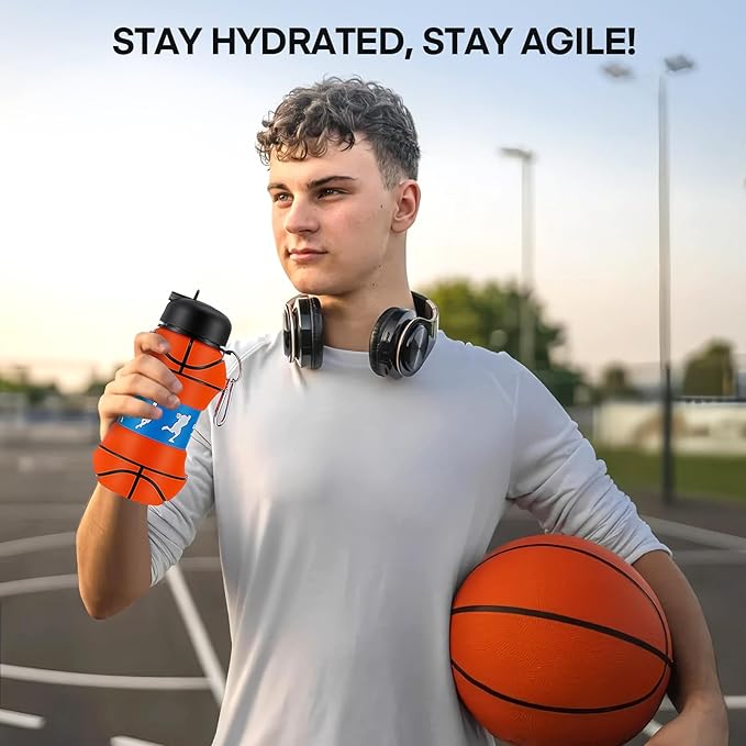 Kids Sports Collapsible Water Bottle | Ball Shaped Drinking Cup | Foldable BPA Free Leakproof Lightweight Silicon Jug | School Lunch Mug Team Gift Travel (Basketball Orange 550ml/18.6oz)