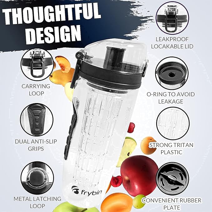 Fruit Infuser Water Bottle | Removable Infusion Basket for Flavor | Bonus Brush and Sleeve for Freshness | Made of Durable TRITAN Plastic | BPA Free Water Infuser Bottle, 32 Ounce (Black)