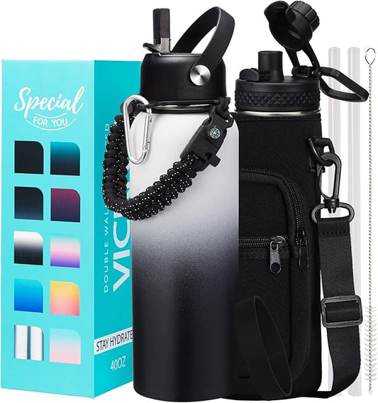 Insulated Water Bottle 40OZ - Cold-48h Hot-24h, Sweat-Proof, Large Stainless Water Bottle with Paracord Handle, Straw Spout Lid, Carrying Pouch & Protective Boot, Office Gym Flask Waterbottle