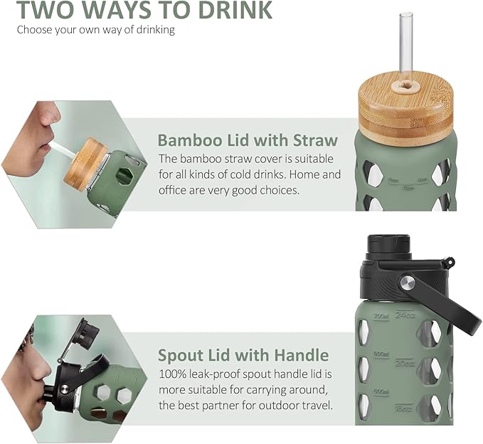 MUKOKO 24oz Glass Water Bottle with 2 Lids-Handle Flip Lid&Bamboo Straw Lid,Motivational Water Tumbler with Time Marker Reminder and Silicone Sleeve, Leakproof-Olive