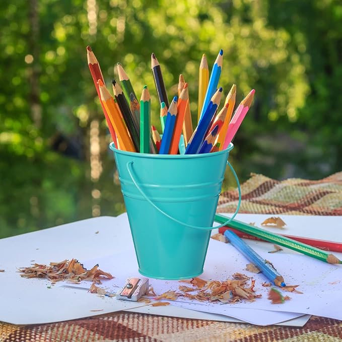 Sadnyy 12 Pack Metal Buckets with Handle, Galvanized Bucket 4.5 x 5 Inch Basket Bucket for Kids, Kids Party Supplies, Crafts for Christmas Halloween Christmas Candy Bars Vase Crafts(Multicolored)