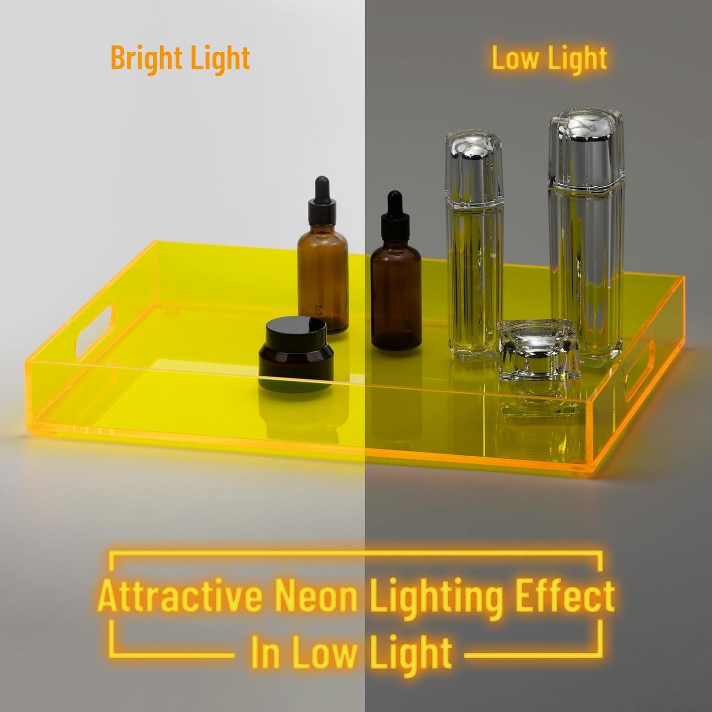 Large Acrylic Serving Tray Decorative Ottoman Coffee Table Vanity Tray Tea Fruit Platter Snack Appetizer Dessert Drink with Handles for Bar Kitchen Party, Neon Yellow