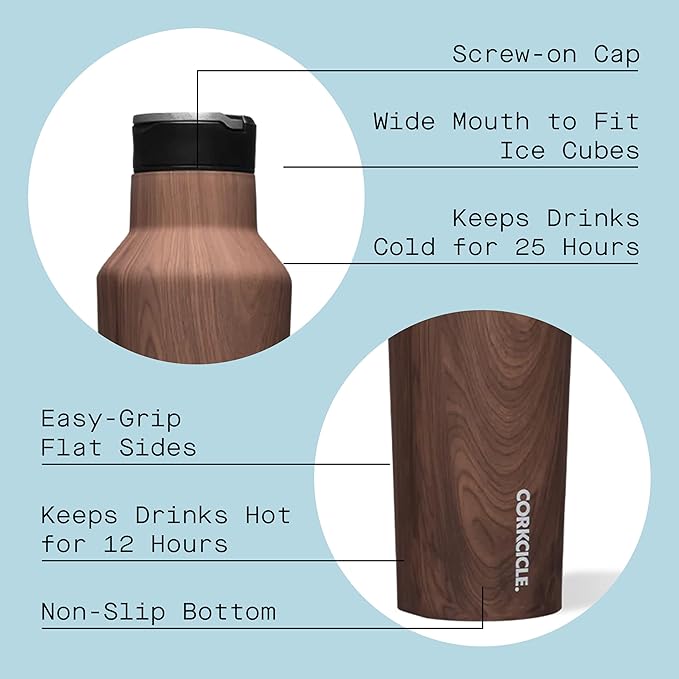 Corkcicle Sport Canteen Insulated Tumbler, Walnut Wood, 20 oz – Reusable Water Bottle Keeps Beverages Cold for 25 Hours & Hot 12 Hours – Cupholder Friendly Tumbler with Screw-On Cap