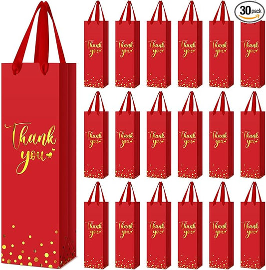 Ctosree 30 Pcs Wine Gift Bag for Wine Bottle Wedding Wine Thank You Gift Bag with Metallic Gold Foil Print Kraft Wine Paper Favor Bag with Attractive Rope Handle for Graduation Bottle(Red)