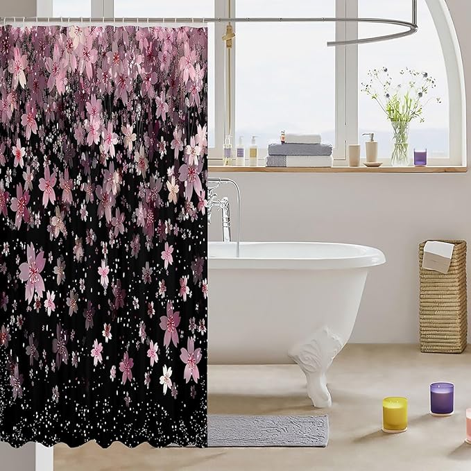 Feelyou Cherry Blossoms Shower Curtain 72"x84" Kids Sakura Flower Bathroom Shower Curtain Set for Boys Girls Teens Romantic Floral Botanical Bath Curtain Pink Black Bathroom Accessories