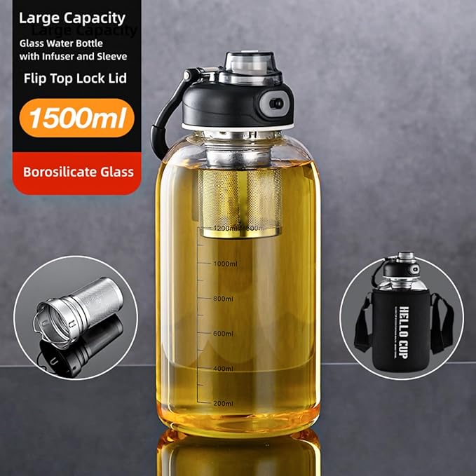 Glass Tea Tumbler with Infuser - 1500ML Large Glass Water Bottle with Sleeve,Glass Tea Infuser Bottle with Lock Lid and Direct Drink Spout,Reusable Sports Water Bottle for Gym Home Outdoor, Leakproof