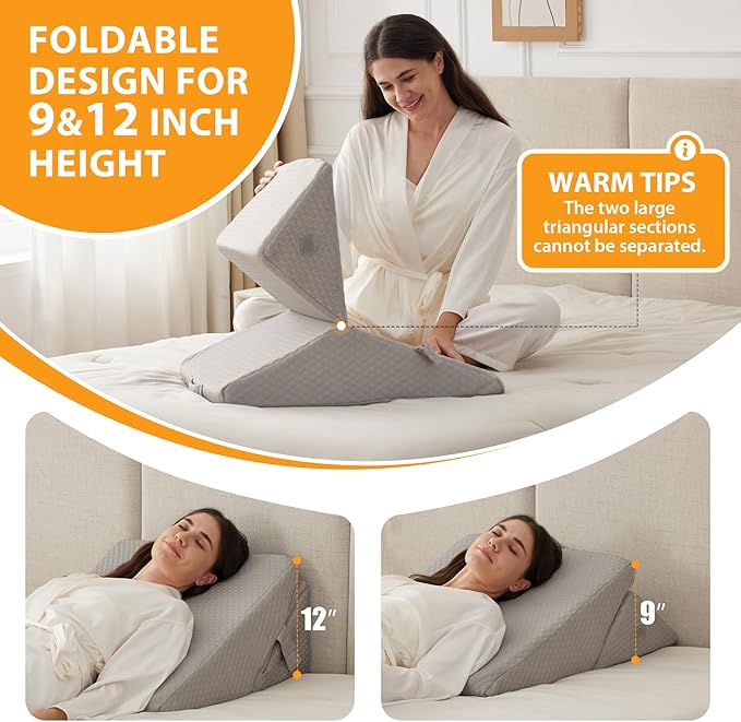 Bed Wedge Pillow for Sleeping, 9&12 Inch Wedge Pillow for Back Pain Relief, Adjustable 7-in-1 Memory Foam Triangle Pillow for Back and Leg Support, Acid Reflux, Snoring & Gerd, Grey