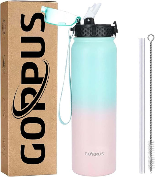 GOPPUS 32 oz Sports Water Bottle 1 Liter Double Wall Insulated Stainless Steel Water Bottles with Straw Lid Reusable Leak proof Metal water bottles with Strap Handle(Green Pink 1 lid)