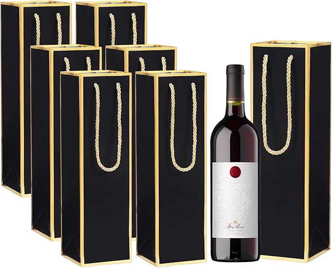 ISKYBOB 10 Packs Wine Gift Bag with Handle, Single Bottle Bags for Wine Kraft Paper Wine Bottle Gifts Box Reusable Gold Foil Gift Wine Bag for Housewarming, Business Dinner, Birthday Party (Black)