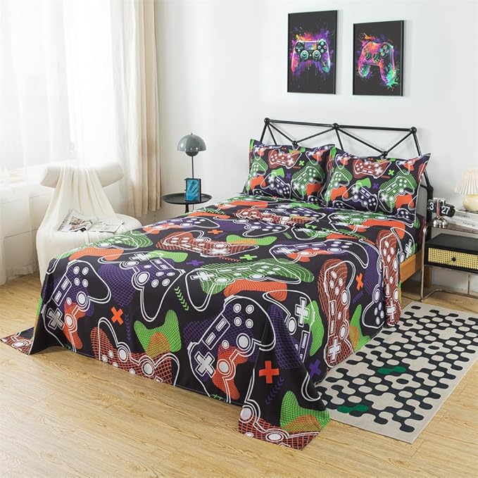 qjmiaofang Gamer Sheets Queen for Boys Gamer Sheet Set Video Game Bed Sheet Set 4Pieces Gaming Sheets Queen Gamer Fitted Sheet Gaming Bedding Set 1 Fitted Sheet 1 Flat Sheet 2 Pillowcase