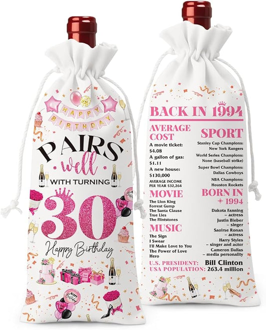 30th Birthday Gifts for Her Women Men Wine Bag, 30 Year Old Birthday Gifts for Women Men, Happy 30th Birthday Party Decorations for Her Him, Pairs Well with Turning 30 Wine Bags (White Pink)