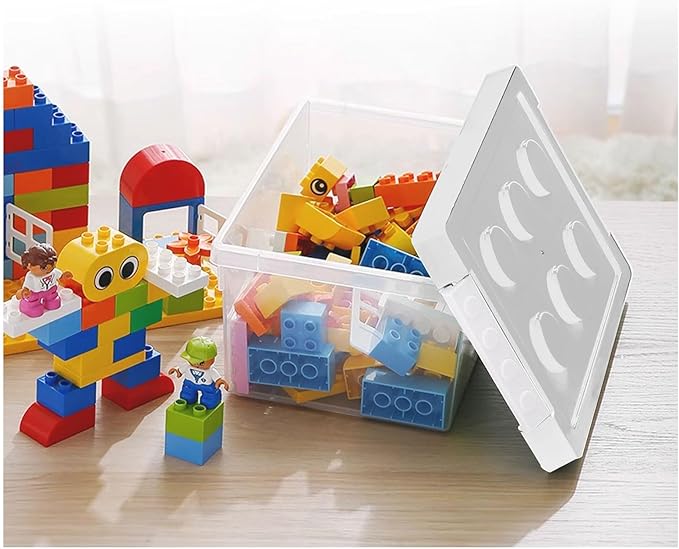 loobuu Plastic Storage Bins with Lids - Stackable Toy Storage Organizer Box Set of 2, Kids Toy Chests with Compatible Building Baseplate and Lid, Storage Container for Building Bricks & Toys- White
