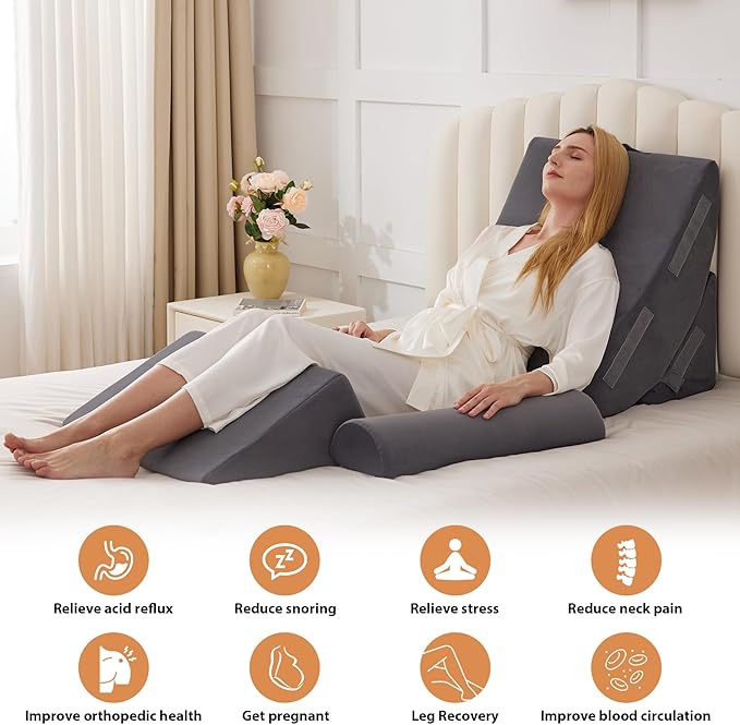 Orthopedic Bed Wedge Pillow Set 4PCS, Wedge Pillow Set for Back Pain Relief, Sitting up in Bed, Post Surgery, Acid Reflux, Snoring&GERD, Body Pillow for Sleeping,Leg,Neck,Shoulder Support, Velvet Grey