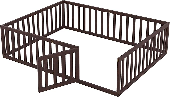Queen Size Floor Bedframe with Door and Safety Guardrails Fence, Solid Wooden Toddler Montessori Platform Bed for Children Bedroom, Boys Girls, Kids Playroom