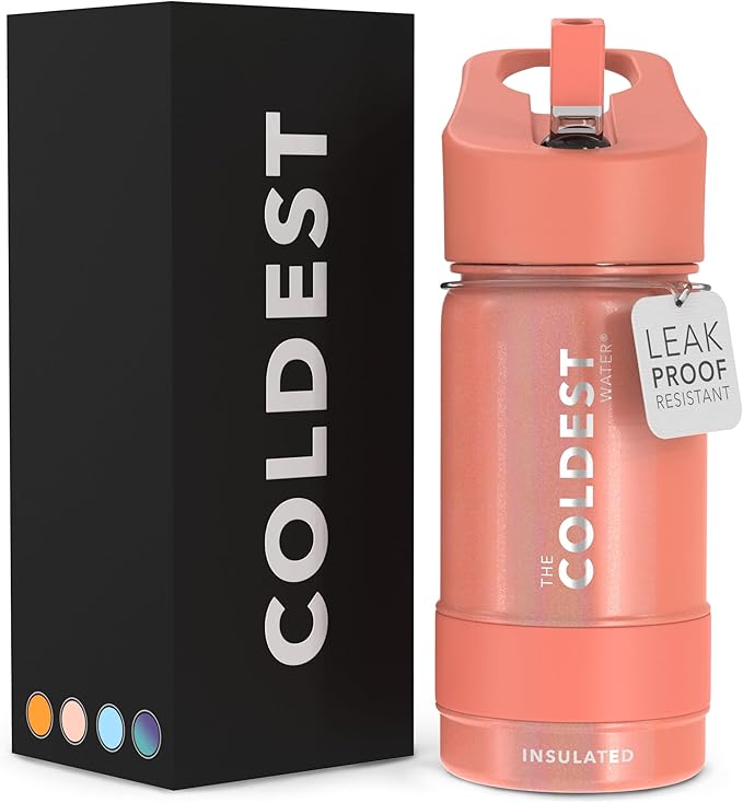 Coldest Sports Water Bottle - Straw Lid Bottle with Handle Leak Proof, Vacuum Insulated Stainless Steel, Double Walled, Thermo Mug, Metal | Pink Froze 14 oz