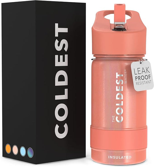 Coldest Sports Water Bottle - Straw Lid Bottle with Handle Leak Proof, Vacuum Insulated Stainless Steel, Double Walled, Thermo Mug, Metal | Pink Froze 14 oz