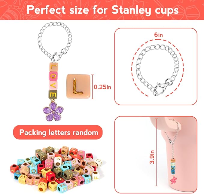 Mity rain 4 Pack Letter Charm Accessories for Stanley Cup, 4 PCS Charm Chains and 400PCS DIY Letter Beads, Letter Handle Charm Designed for Stanley Tumbler Handle Decorations (Silver)