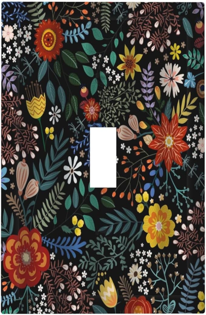 Vintage Colorful Flower Boho Floral Rustic Dark Leaves 1 Gang Light Switch Covers Single Toggle Wall Plate Decorative Switchcover Electrical Switchplate for Farmhouse Country Bedroom Decor