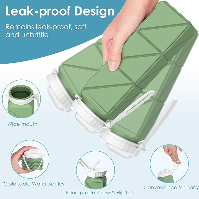 Collapsible Water Bottles 20.7oz Leakproof with Straw Lid Food-Grade BPA-Free Silicone Travel Foldable Water Bottles for Sports Office Gym Hiking Driving 610ML (Type2 Army Green)