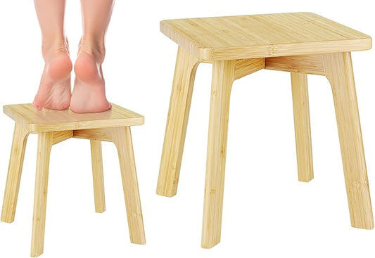 Bamboo Wood Step Stools for Kids Adults - Small Step Stool - Bedside Bed Steps Foot Stool for High Beds Great for Kitchen Bathroom Bedroom Anti-slip 350 Lbs Capacity (Large Square)
